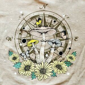 Fifth Sun Beige Mushroom and Flower Graphic Cropped Tee